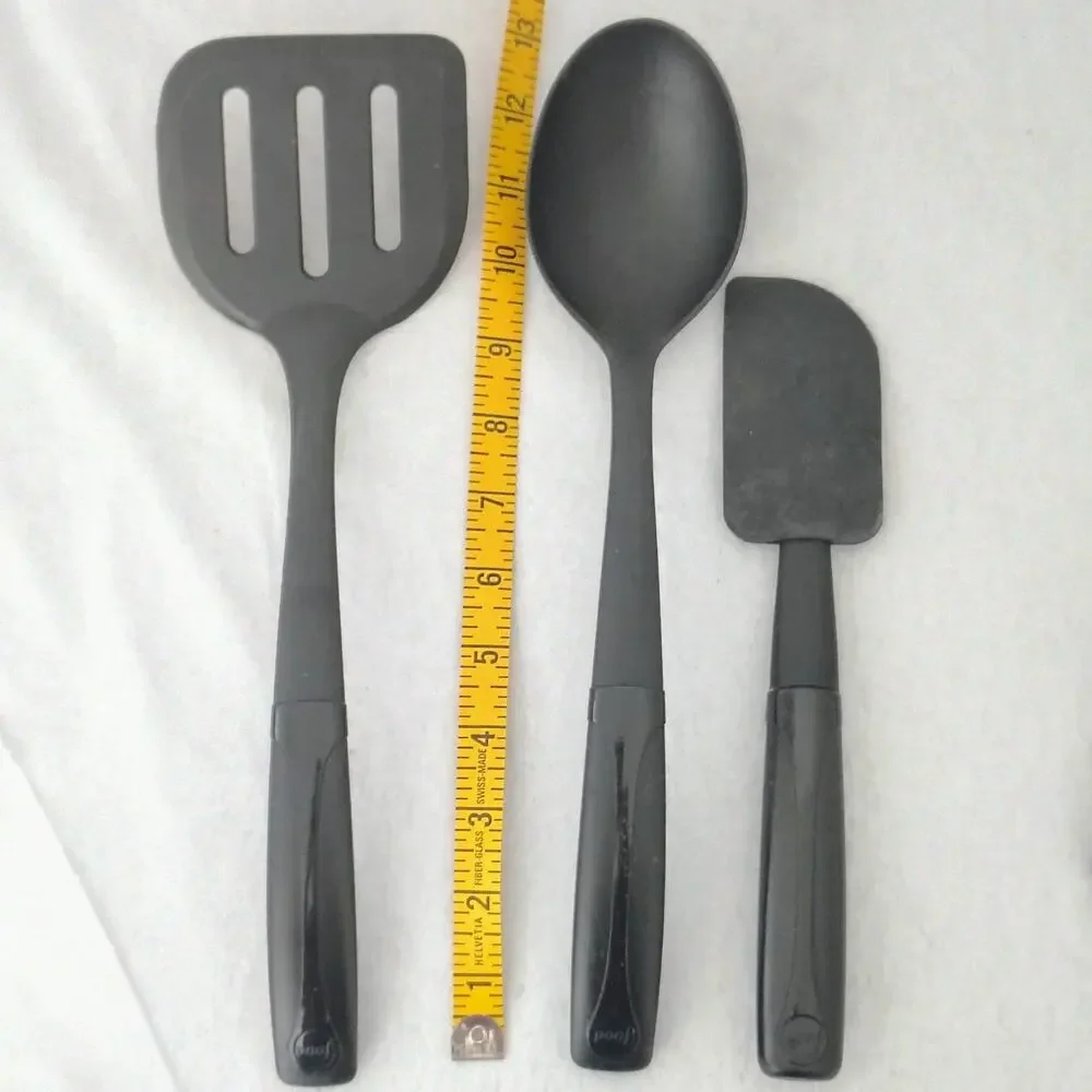 Food Network Black Silicone Slotted Turner Spatula Spoon Serve Utensil Set Of 3